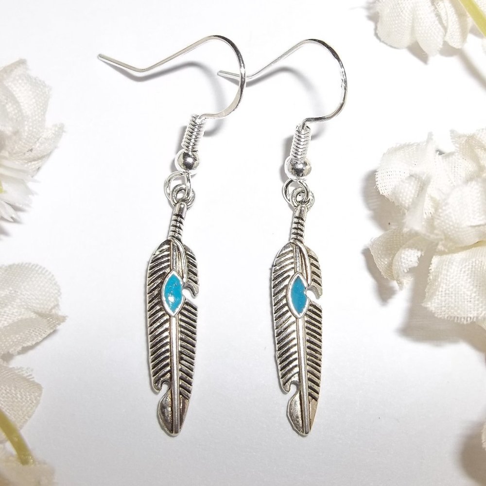 Silver & Turquoise Blue Feather Earrings Set 5374 - Picture 1 of 7